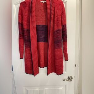 Cabi Joy Open Front Cardigan Sweater Pockets Red Navy Size small Aztec striped